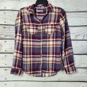 Maurices Small Plaid Button Down Shirt Purple Mustard Gray Long Sleeve Cotton Bl